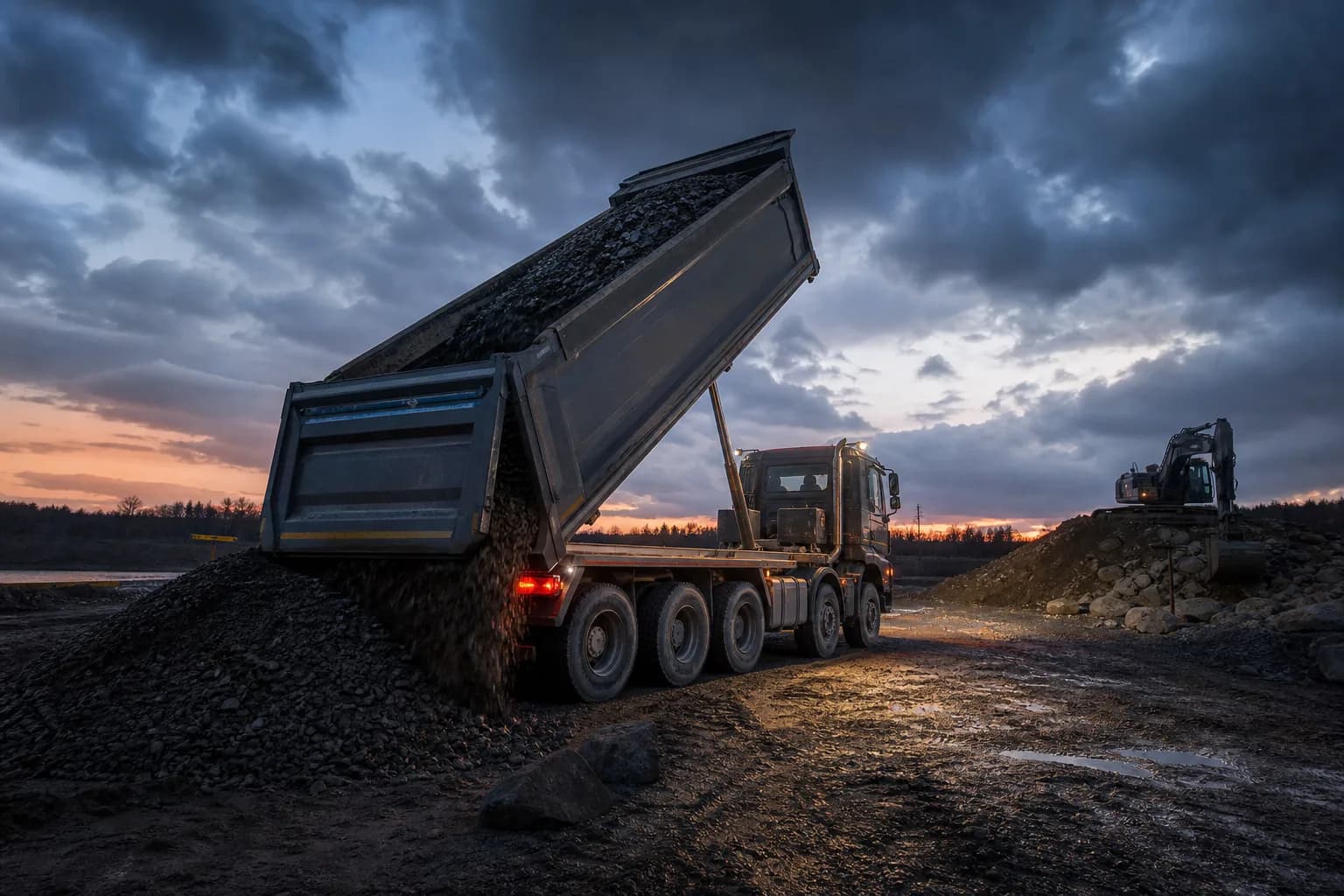 LKW beim Abfahren von Erde auf einer Baustelle in Geldern