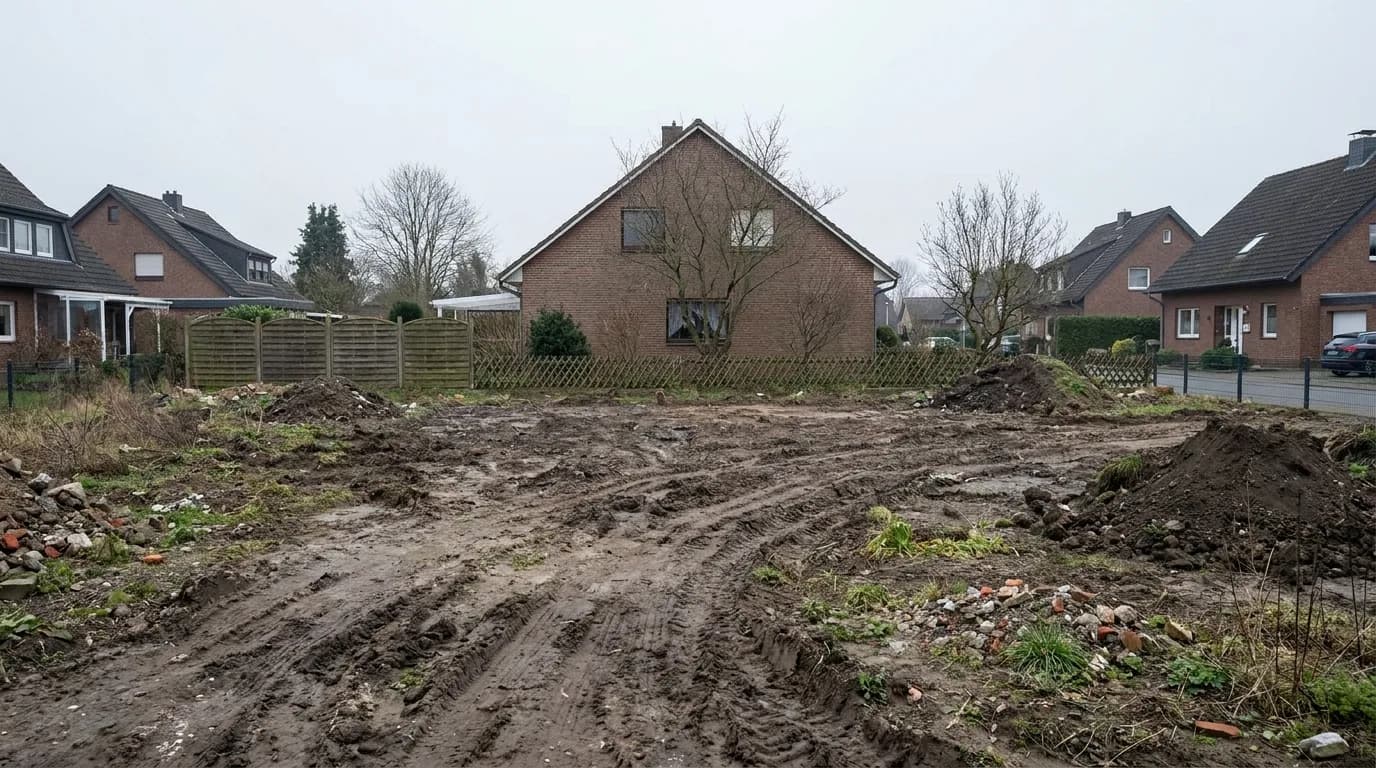 Unebenes, unvorbereitetes Grundstück vor den Erdarbeiten